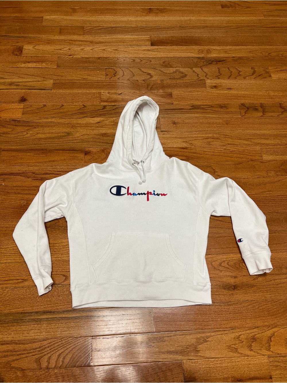 Champion Women's White Hoodie Sweatshirt reverse weave Vintage with logo